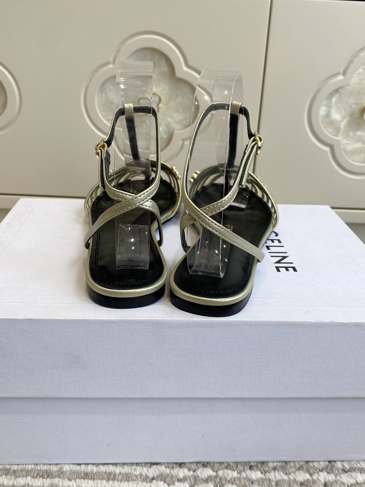 Celine 26s Clea Triomphe Gladiator Sandals Champagne Gold Lambskin 735106