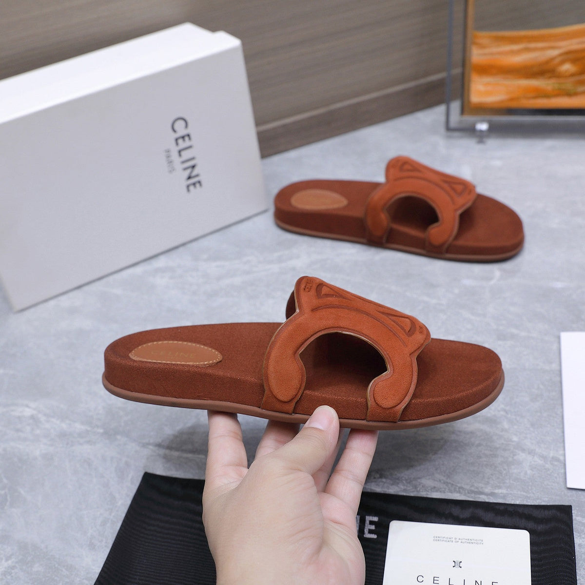 Celine 26s Triomphe Slides Cognac Brown Suede 915403