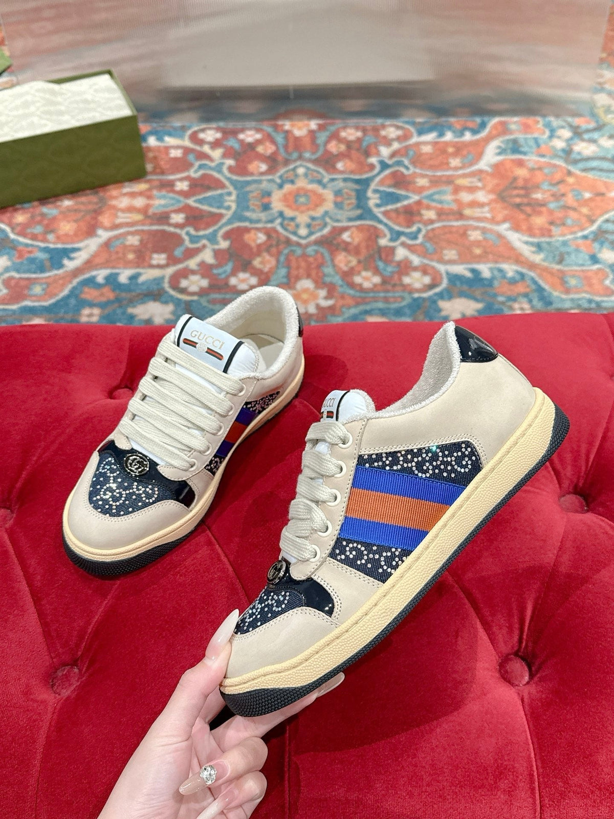 GG 26s Screener Sneaker Beige Suede Mix Navy Blue Canvas