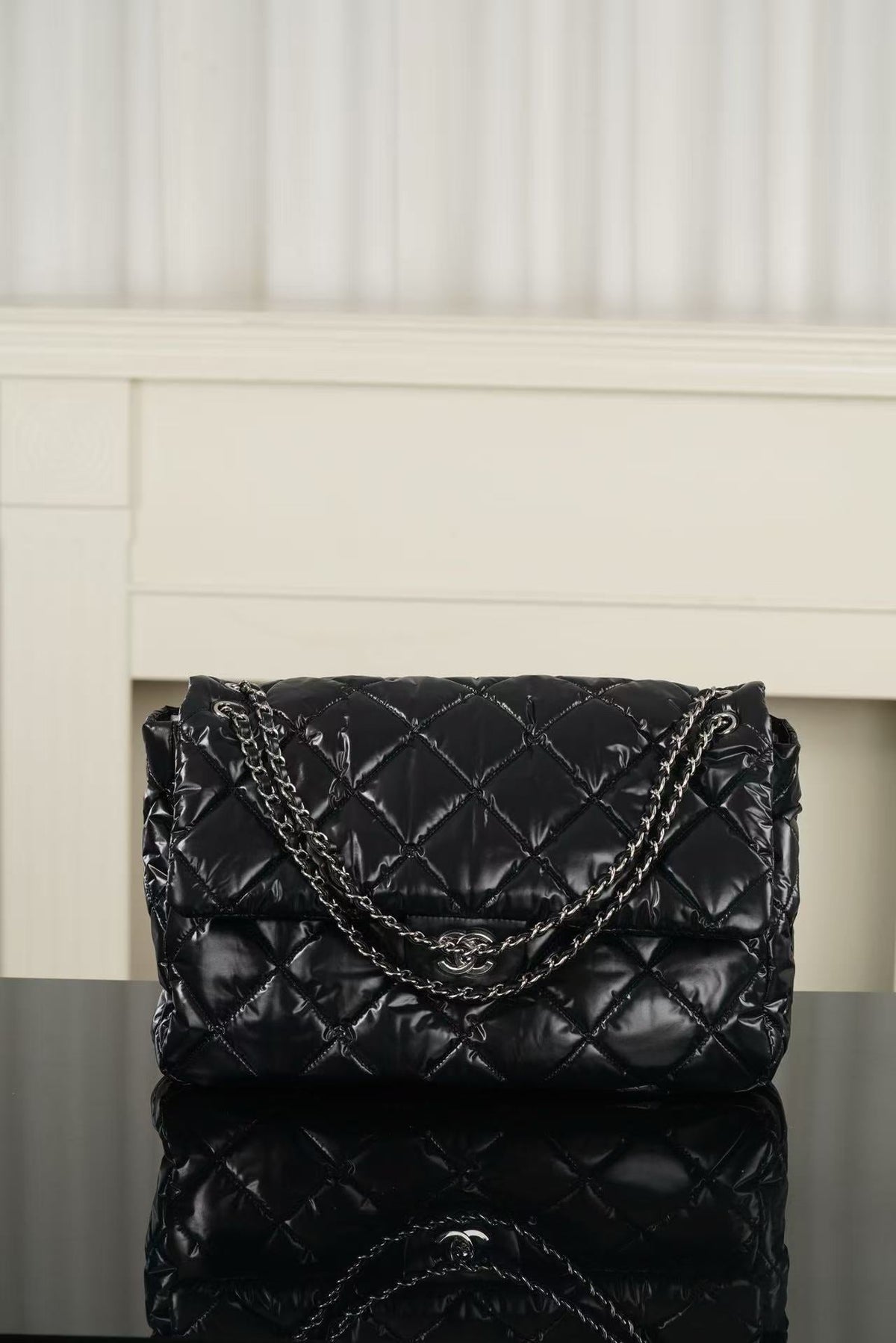 CC 26FW Coco Neige Maxi Flap Bag 38cm Black Glossy Nylon