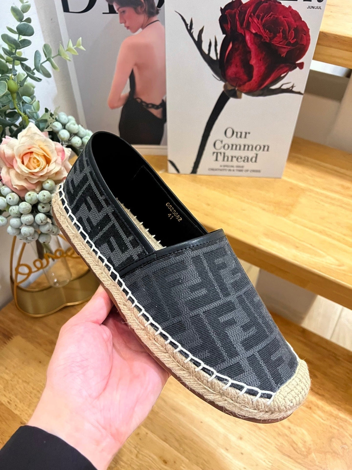 Fendi 26S Espadrille Loafers Black Canvas Style 5