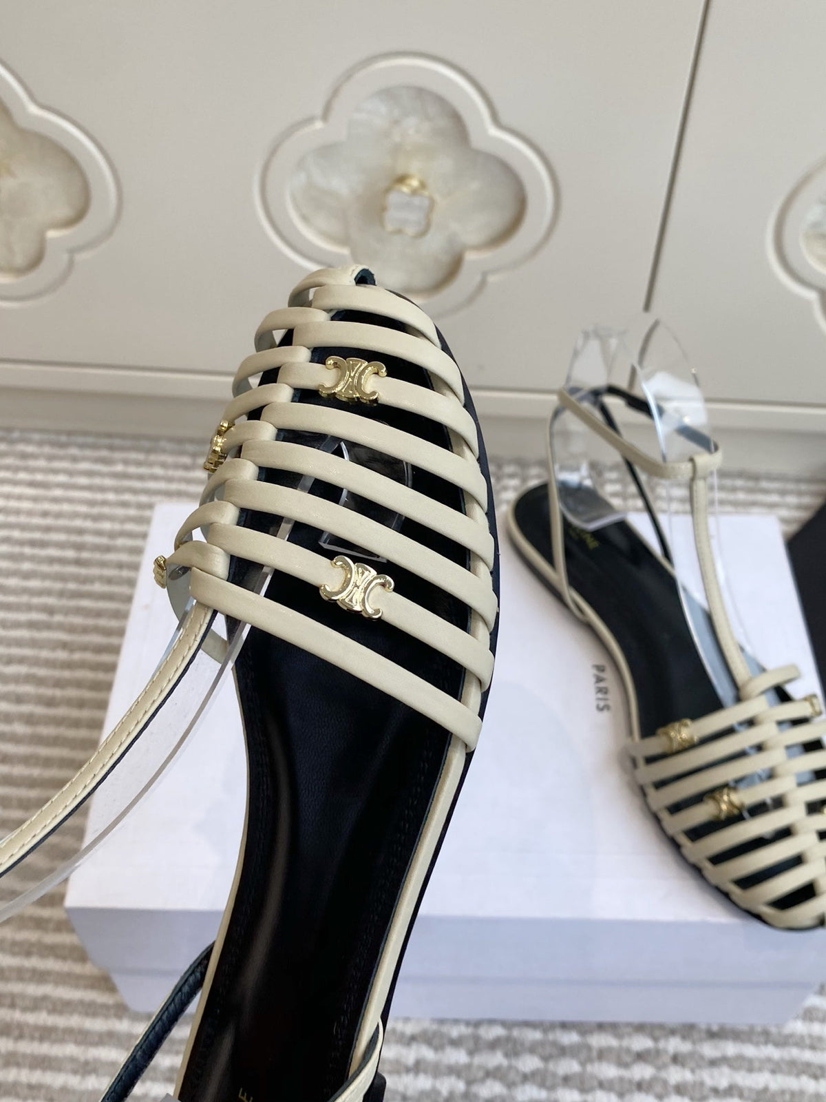 Celine 26s Clea Triomphe Gladiator Sandals Beige Lambskin 519284