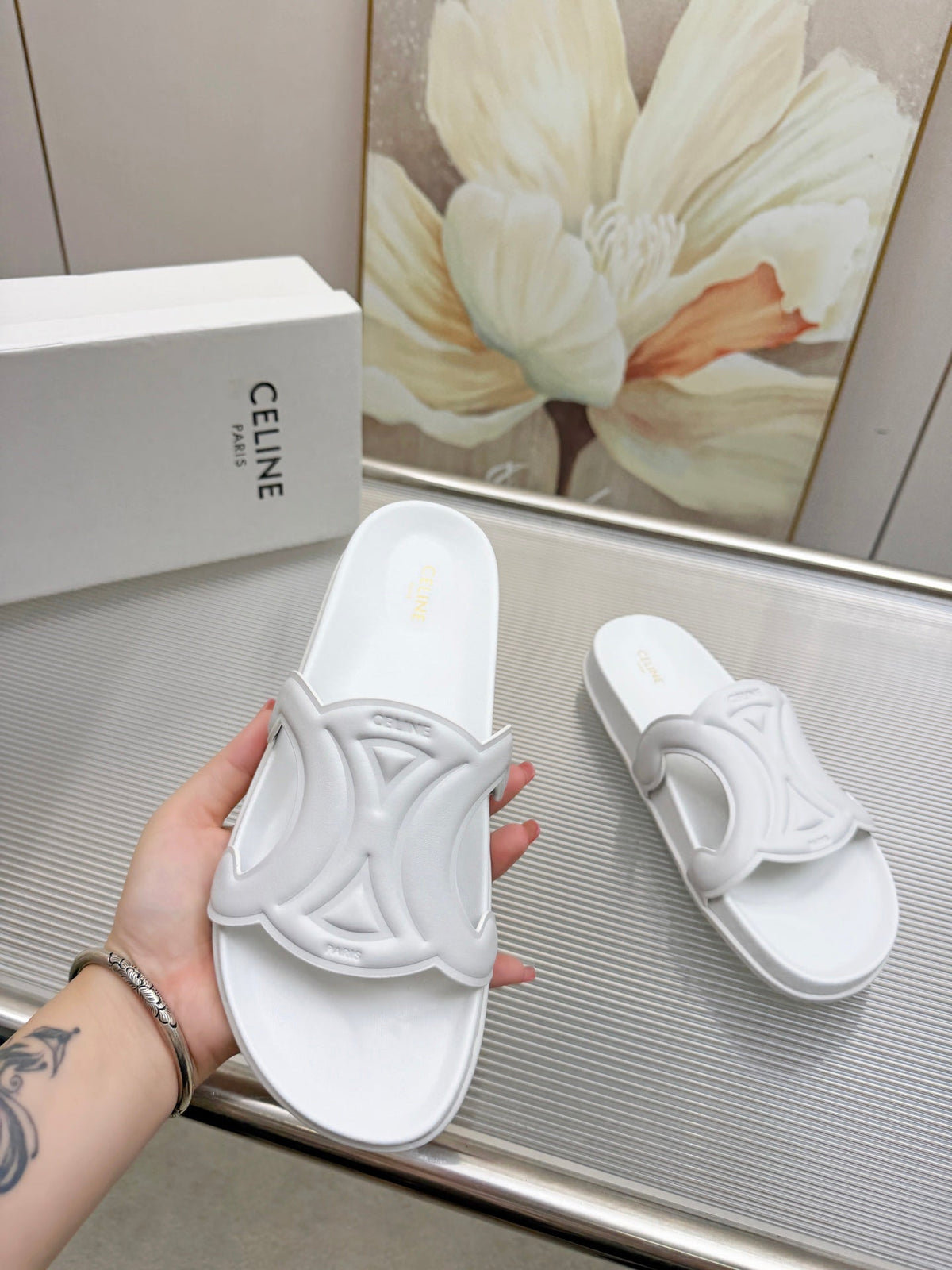 Celine 26s Triomphe Slides White Calfskin 843921