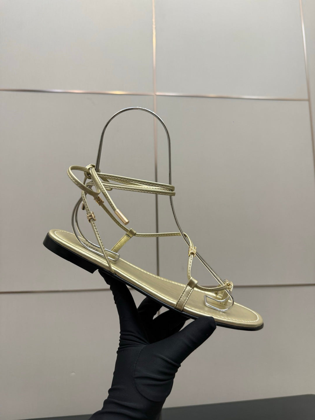 Celine 26s Triomphe Lace Up Flat Sandals Gold Calfskin 538194