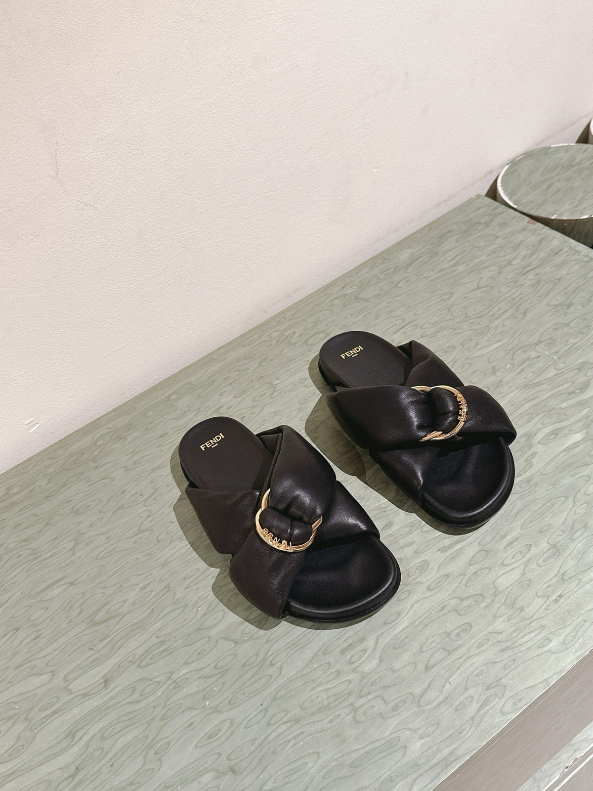 Fendi 26S Wide Cross-Strap Sandals Black Lambskin