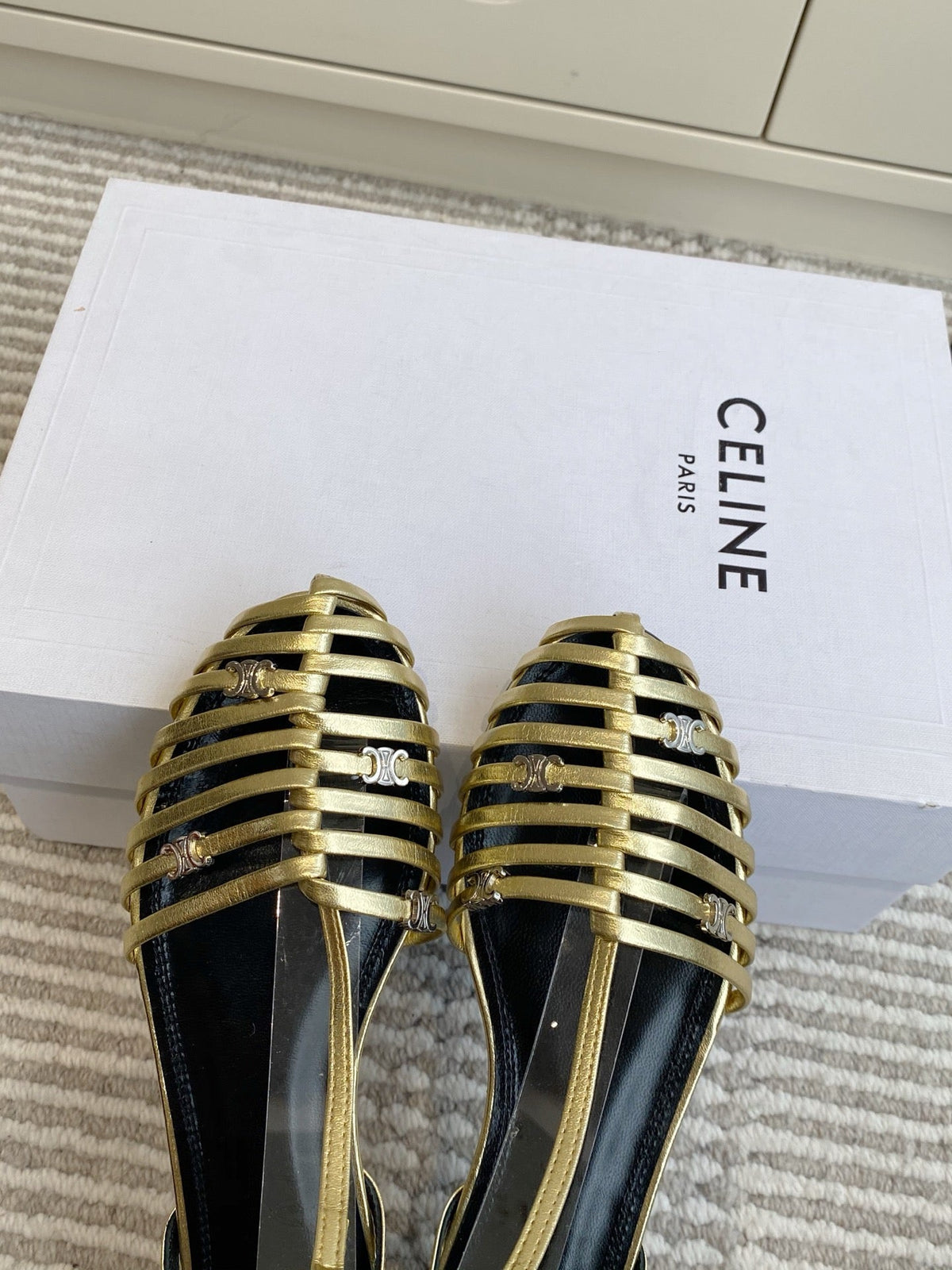 Celine 26s Clea Triomphe Gladiator Sandals Gold Lambskin 629148
