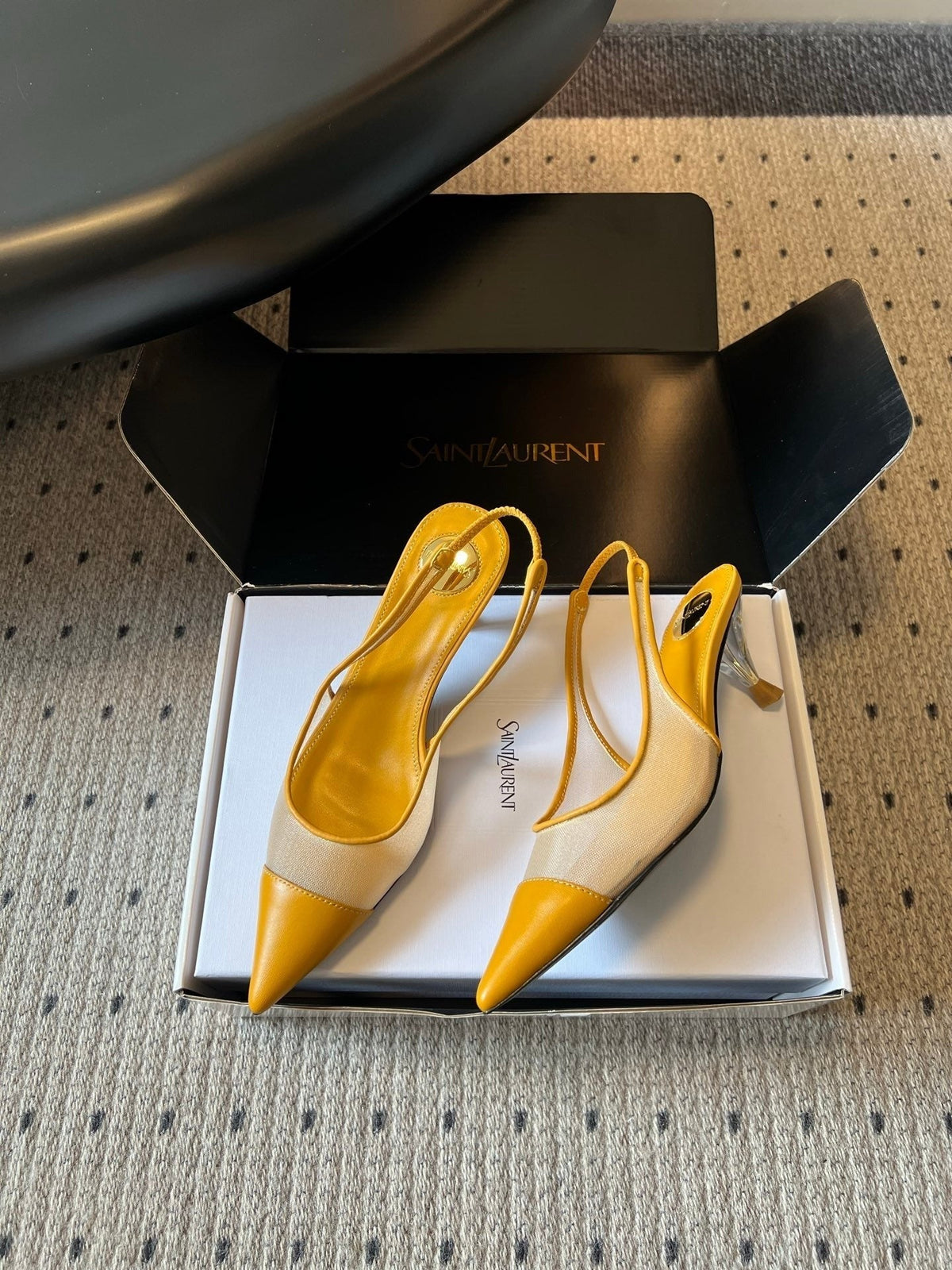 YSL 26S Heeled Slingbacks 6cm Mustard Yellow Lambskin And Beige Mesh