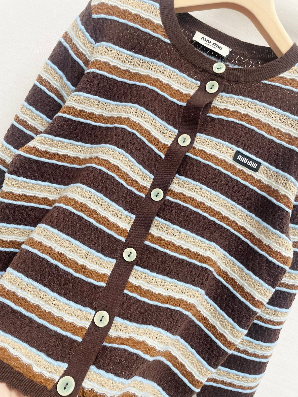 Miu 26FW Crewneck Cardigan Contrast Stripe Patch Logo Wool 446704