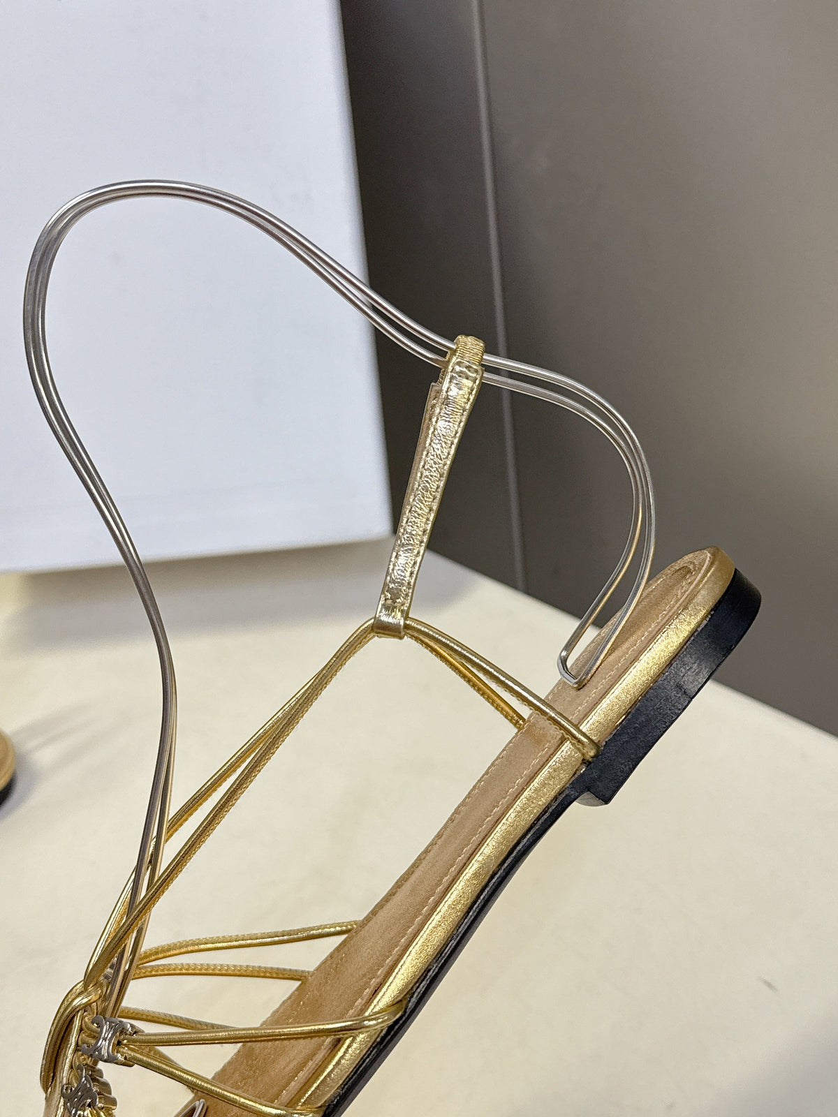 Celine 26s Triomphe Lace Up Ankle Strap Flat Sandals Gold Calfskin 395168