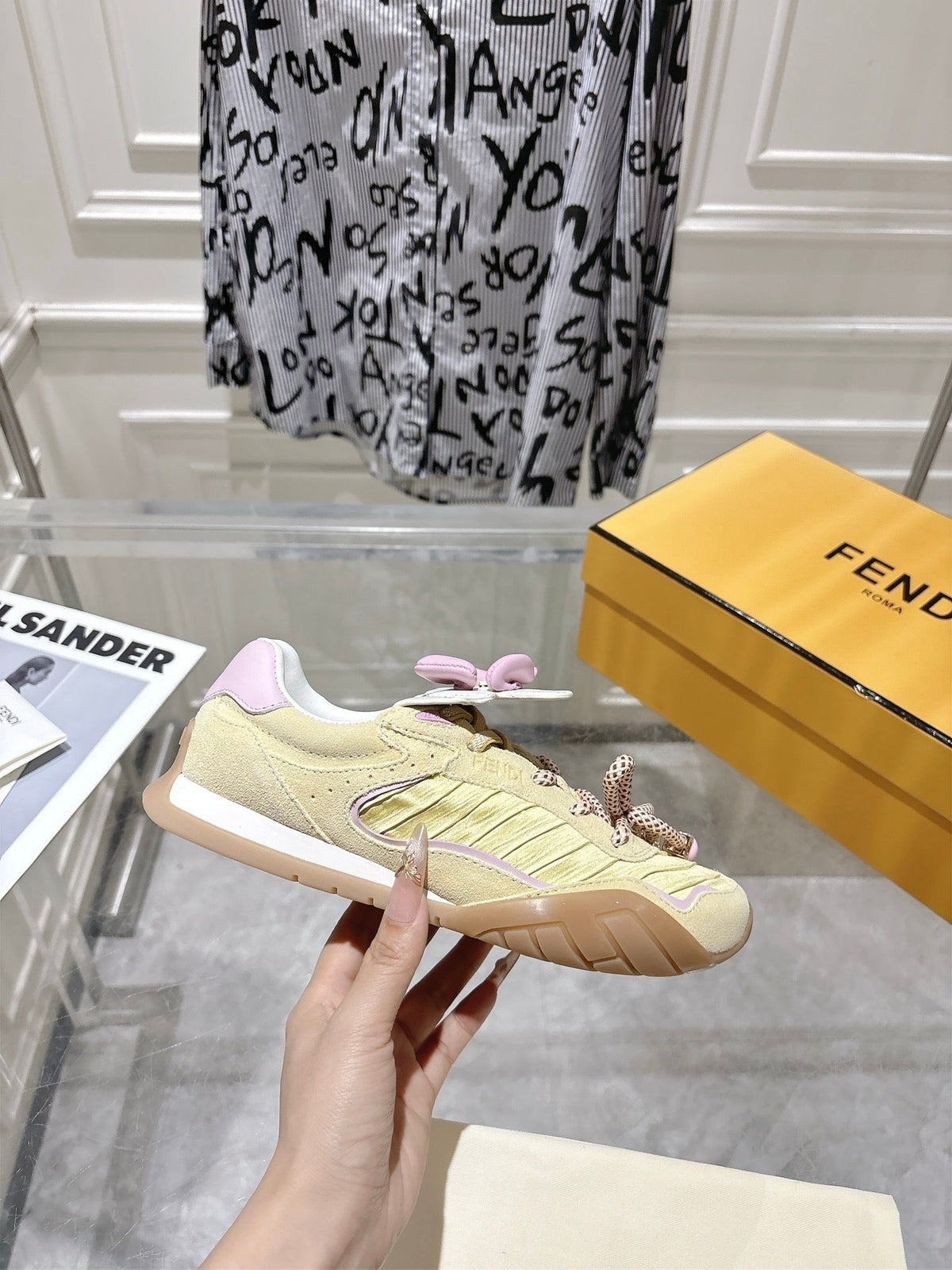 Fendi 26S Sneakers Light Yellow Fabric And Suede