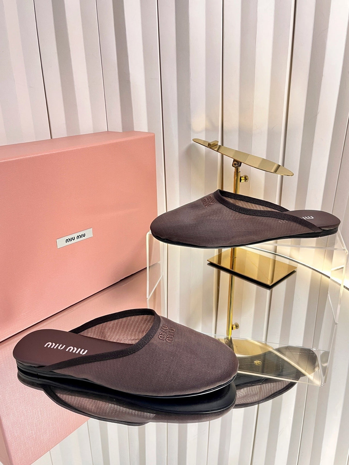 Miumiu 26S Flat Mules Chocolate Brown Fabric And Leather