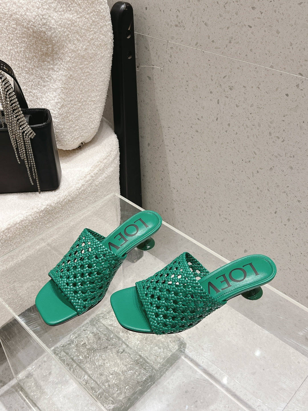 Loewe 26S Woven Heel Sandals 50 mm In Green Lambskin
