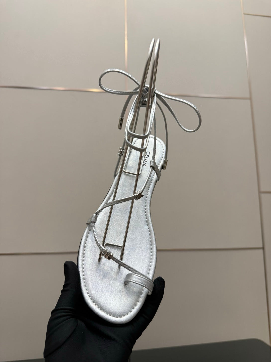 Celine 26s Triomphe Lace Up Flat Sandals Silver Calfskin 417392