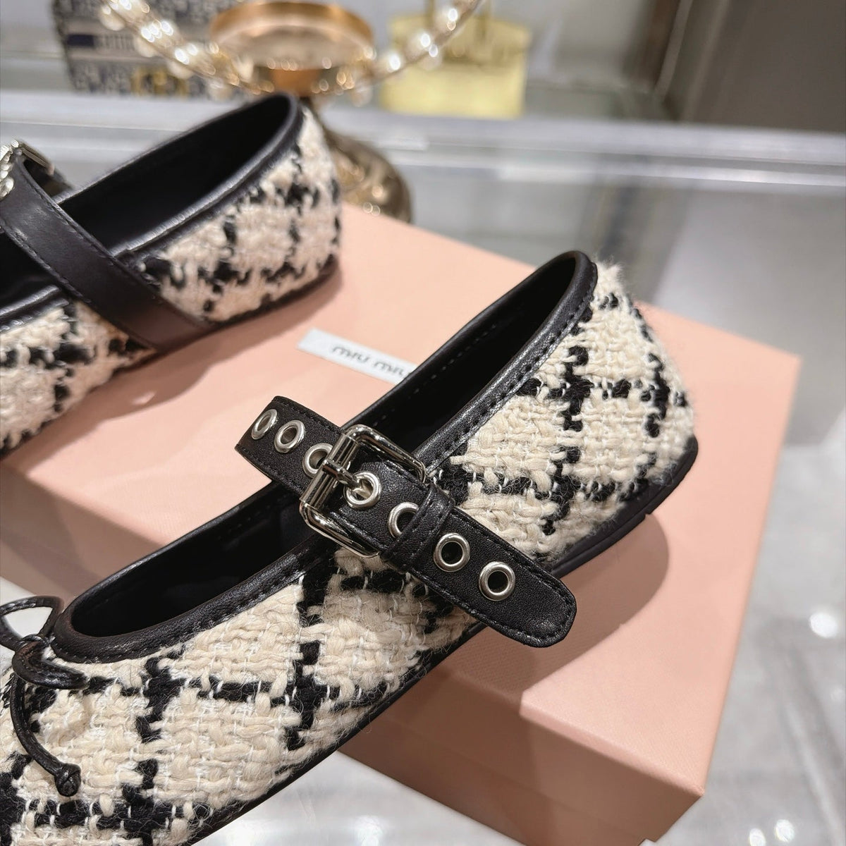 Miumiu 26S Mary Jane Flats Black And Beige Tweed Fabric
