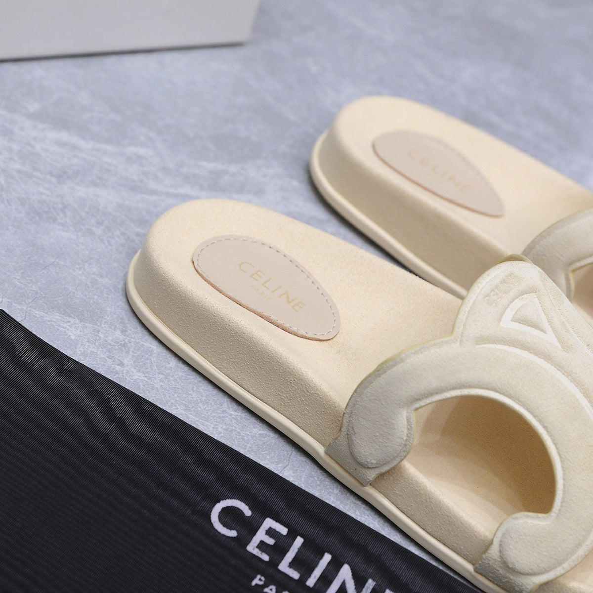 Celine 26s Triomphe Slides Cream White Suede 247058