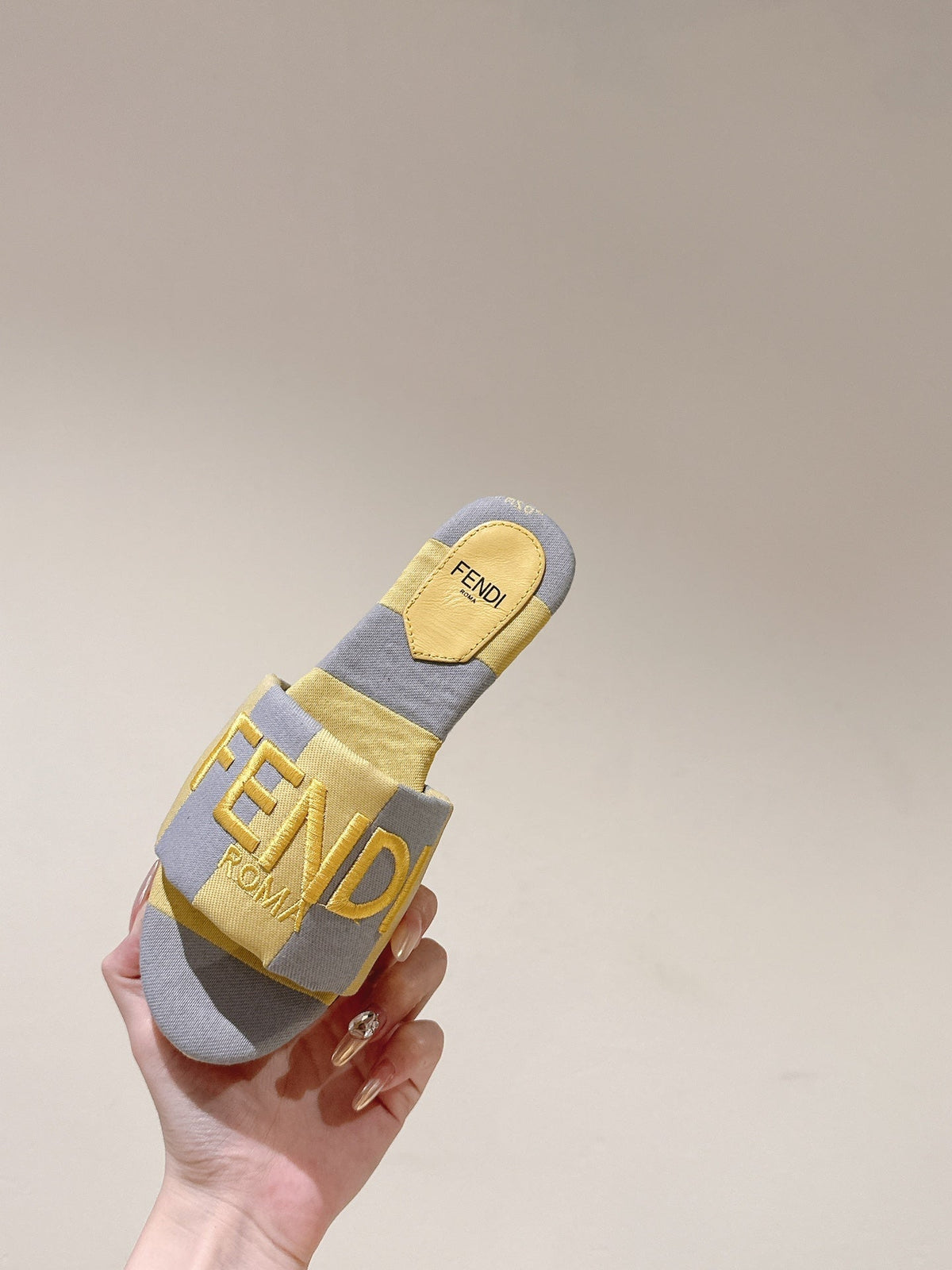Fendi 26S Slide Sandals Yellow And Grey Canvas