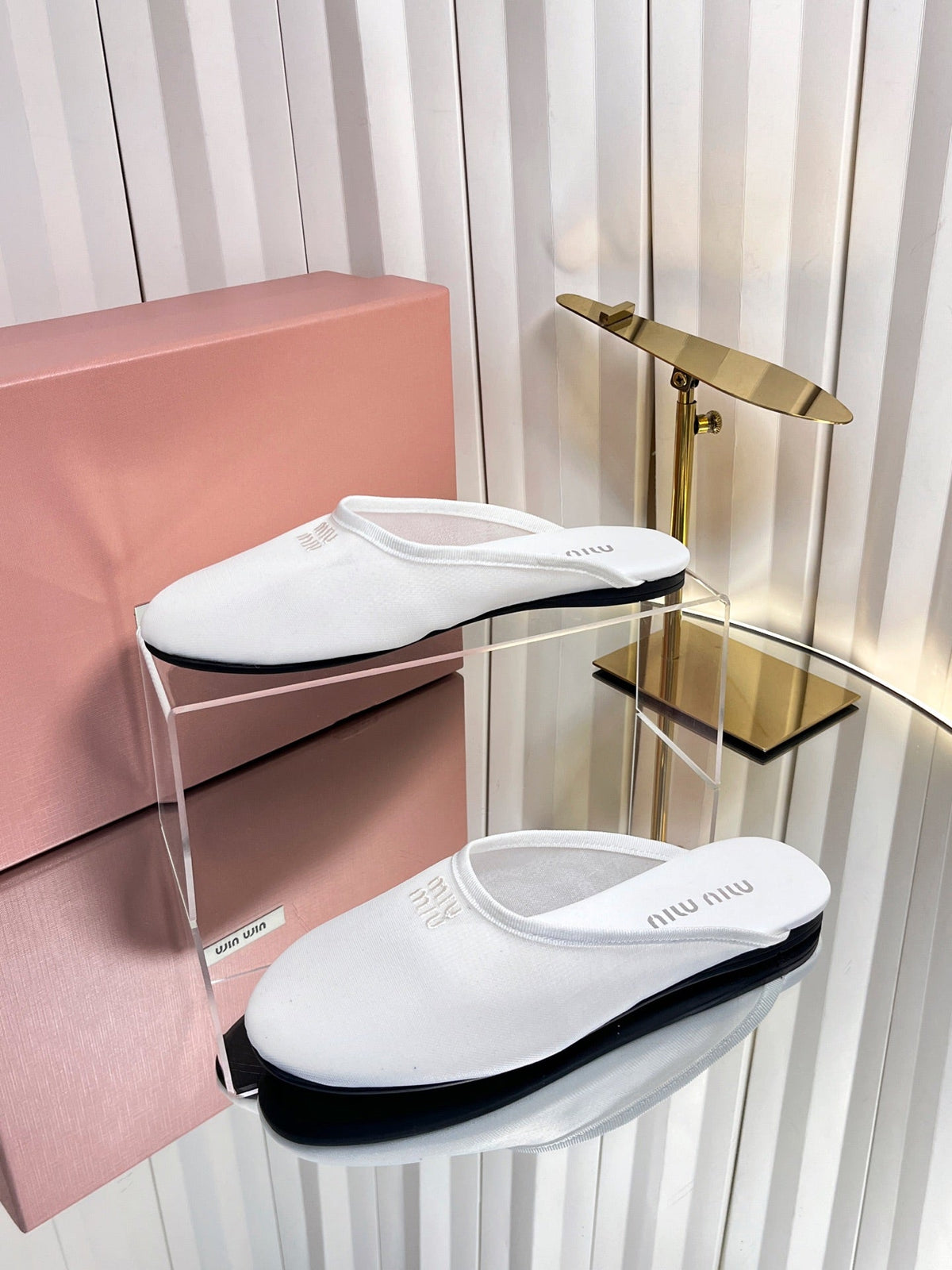 Miumiu 26S Flat Mules White Fabric And Leather