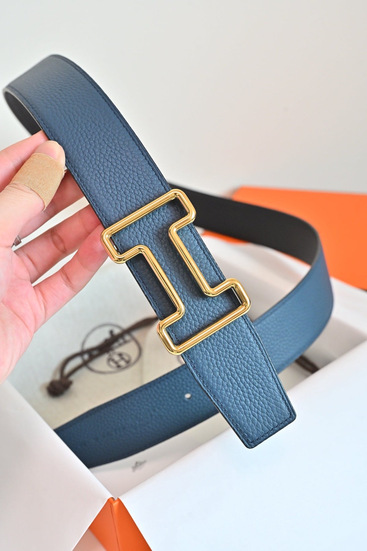 HM 26FW Reversible H Belt 3.8cm Black Rain Cloud Gray Grained Leather 220417