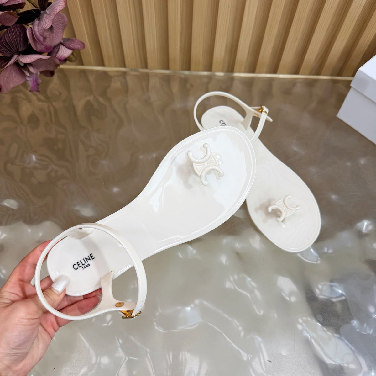 Celine 26s Triomphe Jelly Thong Sandals White TPU Gold Hardware 681427