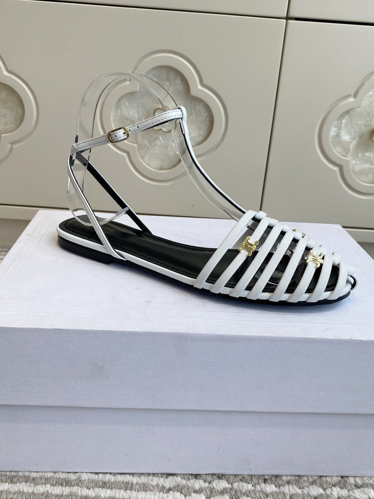 Celine 26s Clea Triomphe Gladiator Sandals White Lambskin 481395