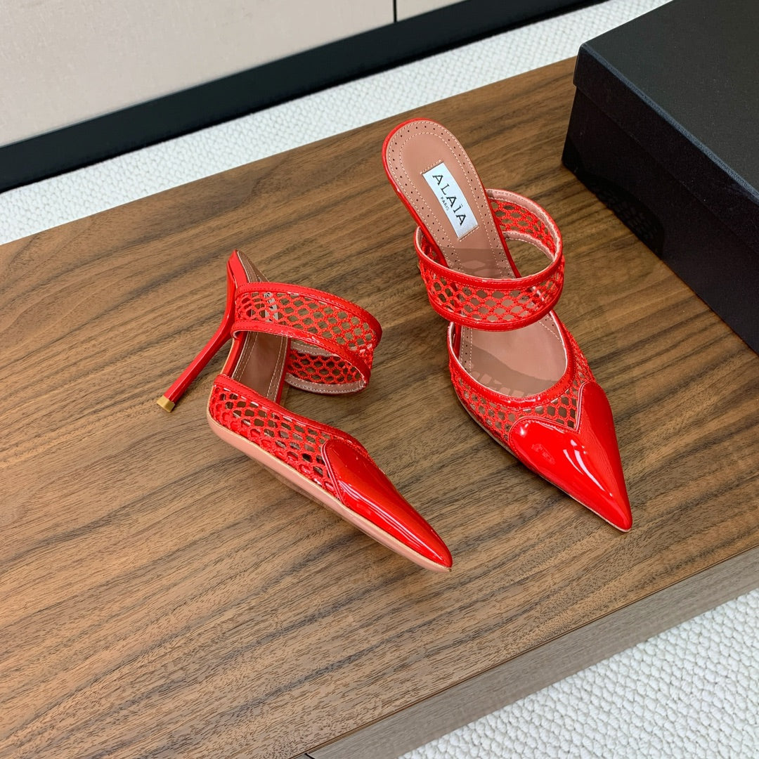 Alaia 26FW Heart High Heels 10.5cm Patent Leather Mesh 189534