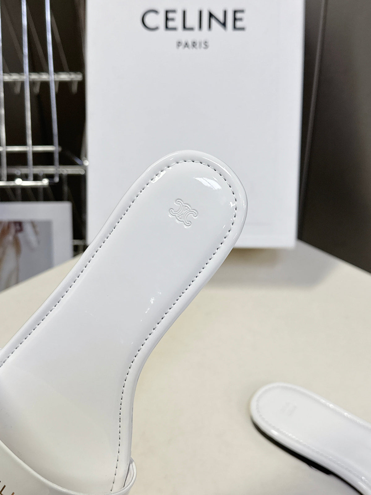 Celine 26s Flat Slides White Patent Lambskin 739512