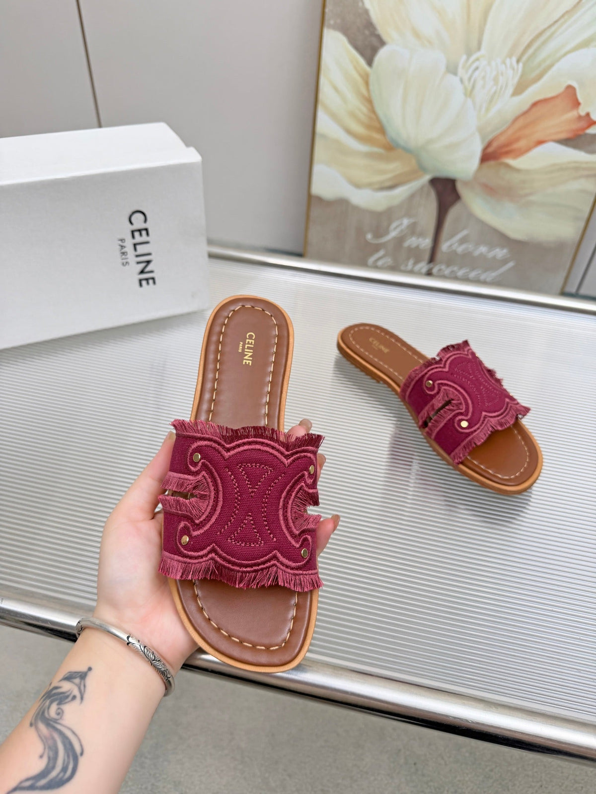 Celine 26s Triomphe Slide Sandals Berry Pink Canvas 415832