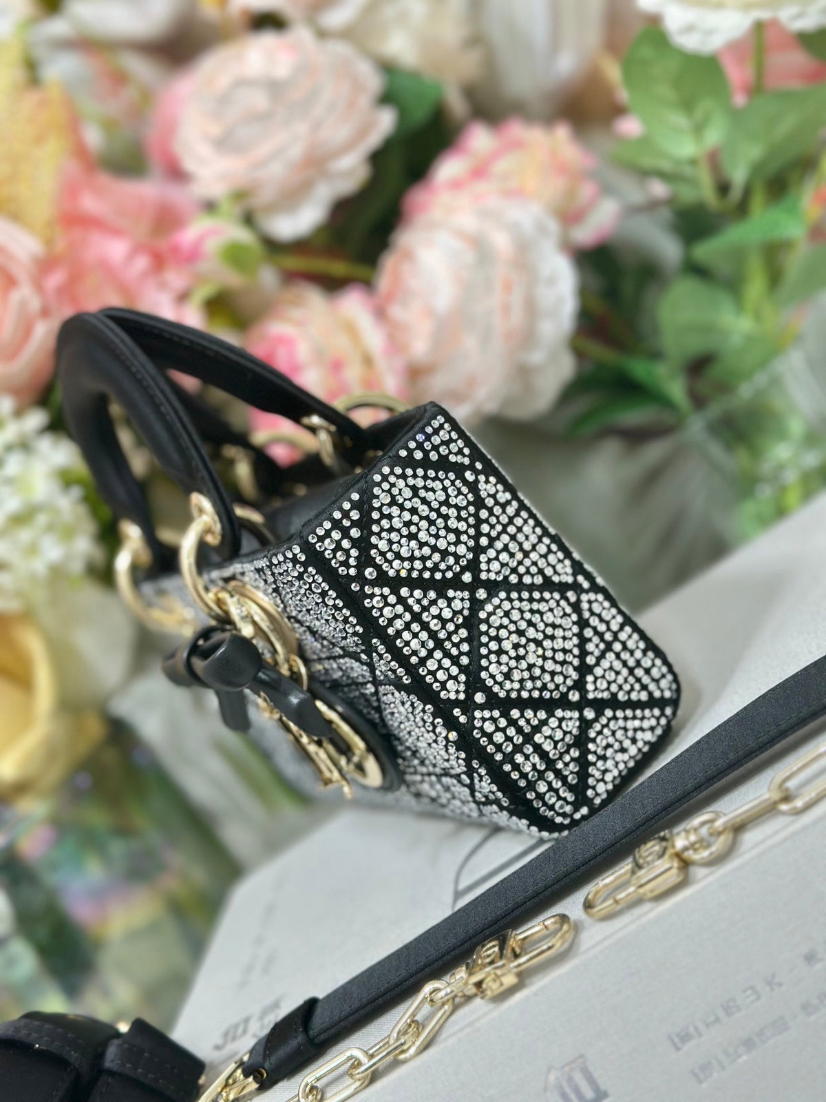 Dior 2026 Mini Lady Dior Bag Black Cannage Satin and Strass 405668