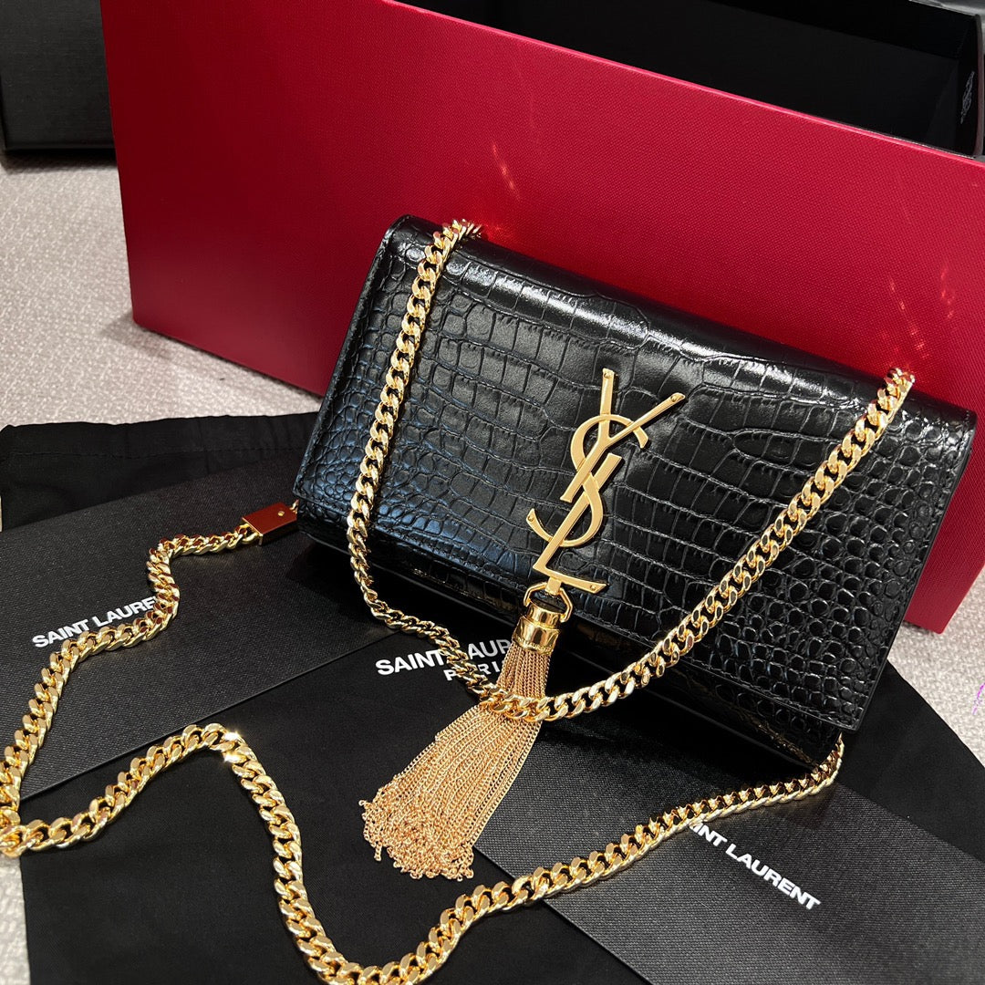 YSL 2026 Kate Bag 20cm Gold Hardware Croc-Embossed Leather