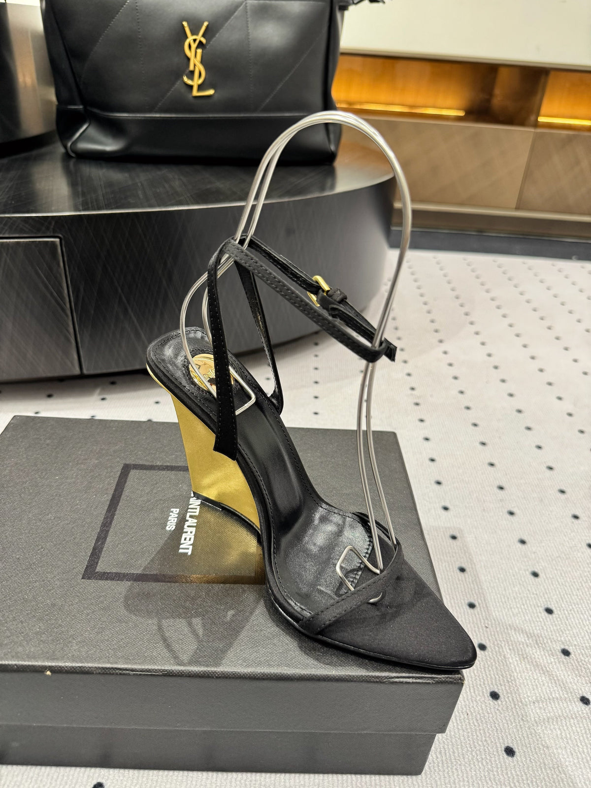 YSL 26S Metal-Capped Wedge Heels 10.5cm Black Satin