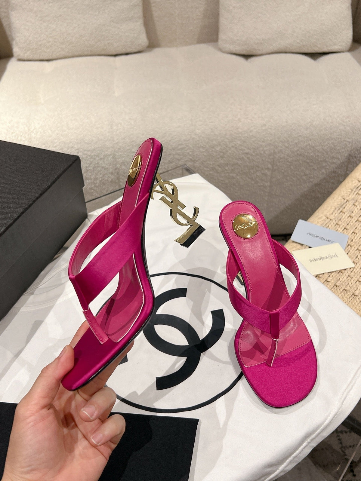 YSL 26S Heeled Thong Sandals 8.5cm Dark Pink Satin