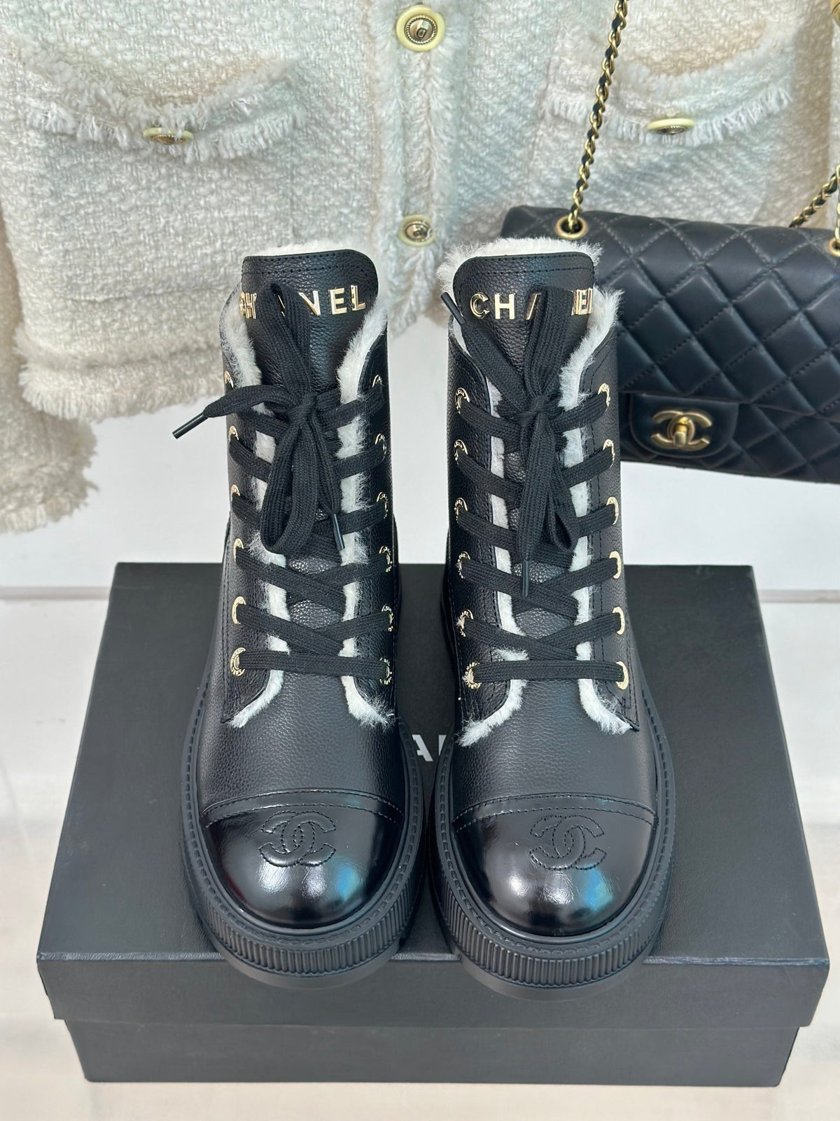 Chanel 2026 Lace-Up Ankle Boots 50mm Leather Wool 188600
