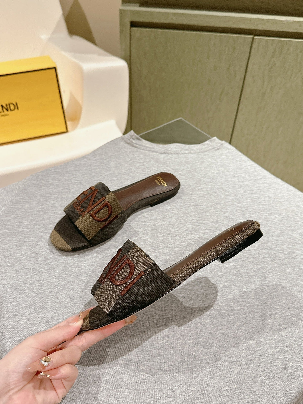 Fendi 26S Slide Sandals Khaki & Dark Brown Canvas