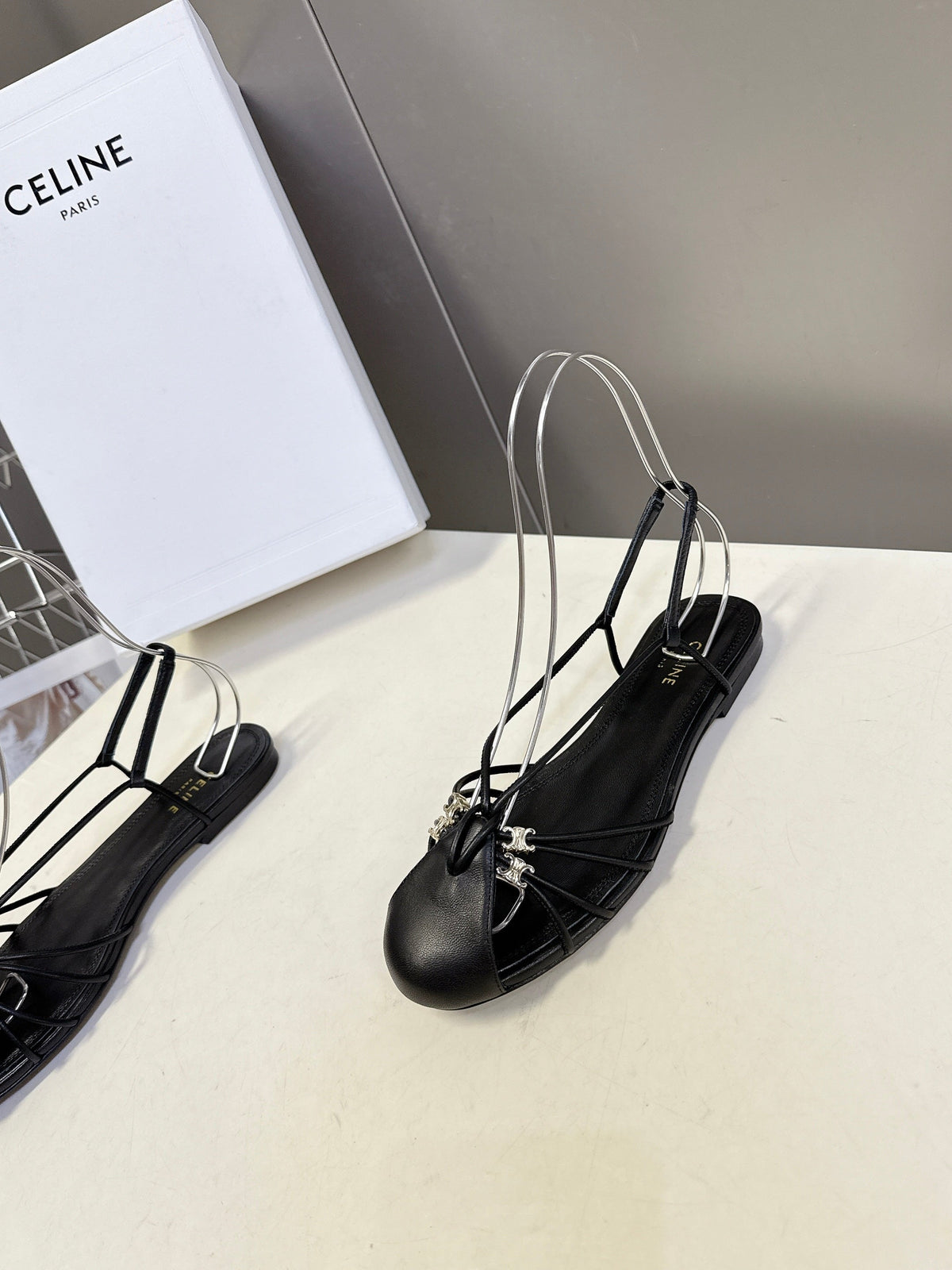 Celine 26s Triomphe Lace Up Ankle Strap Flat Sandals Black Calfskin 416952