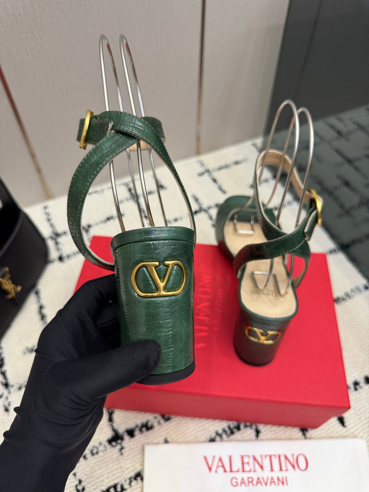 Valentino 26S Square Toe Ankle Strap Sandals In Dark Green Croc-Embossed Leather