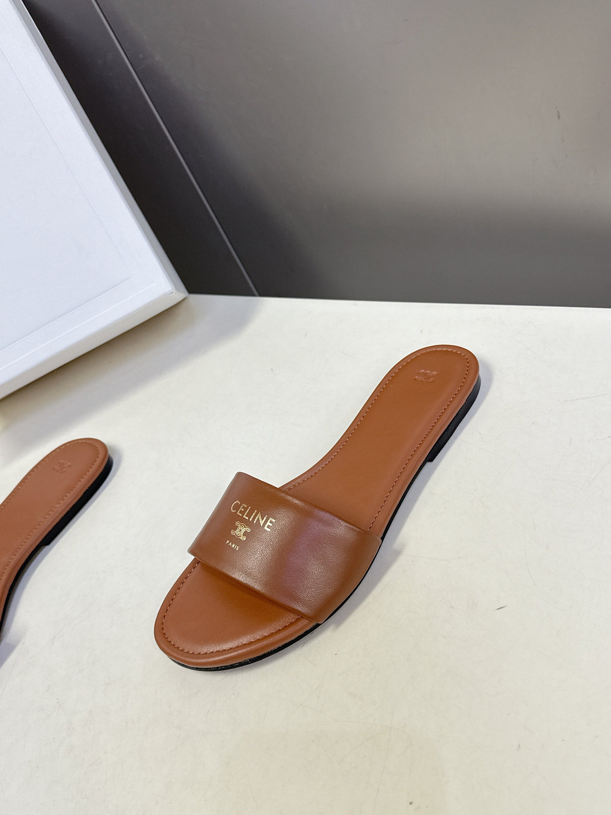 Celine 26s Flat Slides Caramel Brown Lambskin 714953