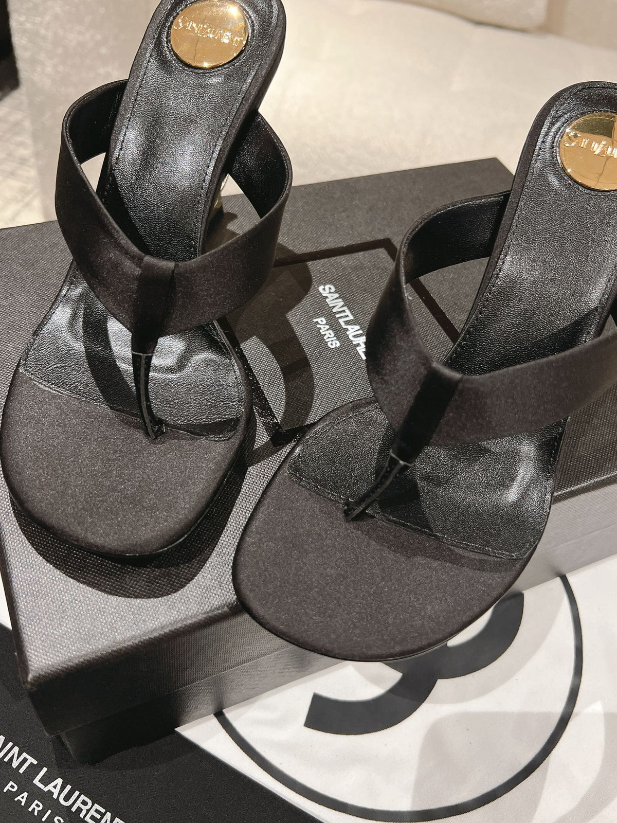 YSL 26S Heeled Thong Sandals 8.5cm Black Satin