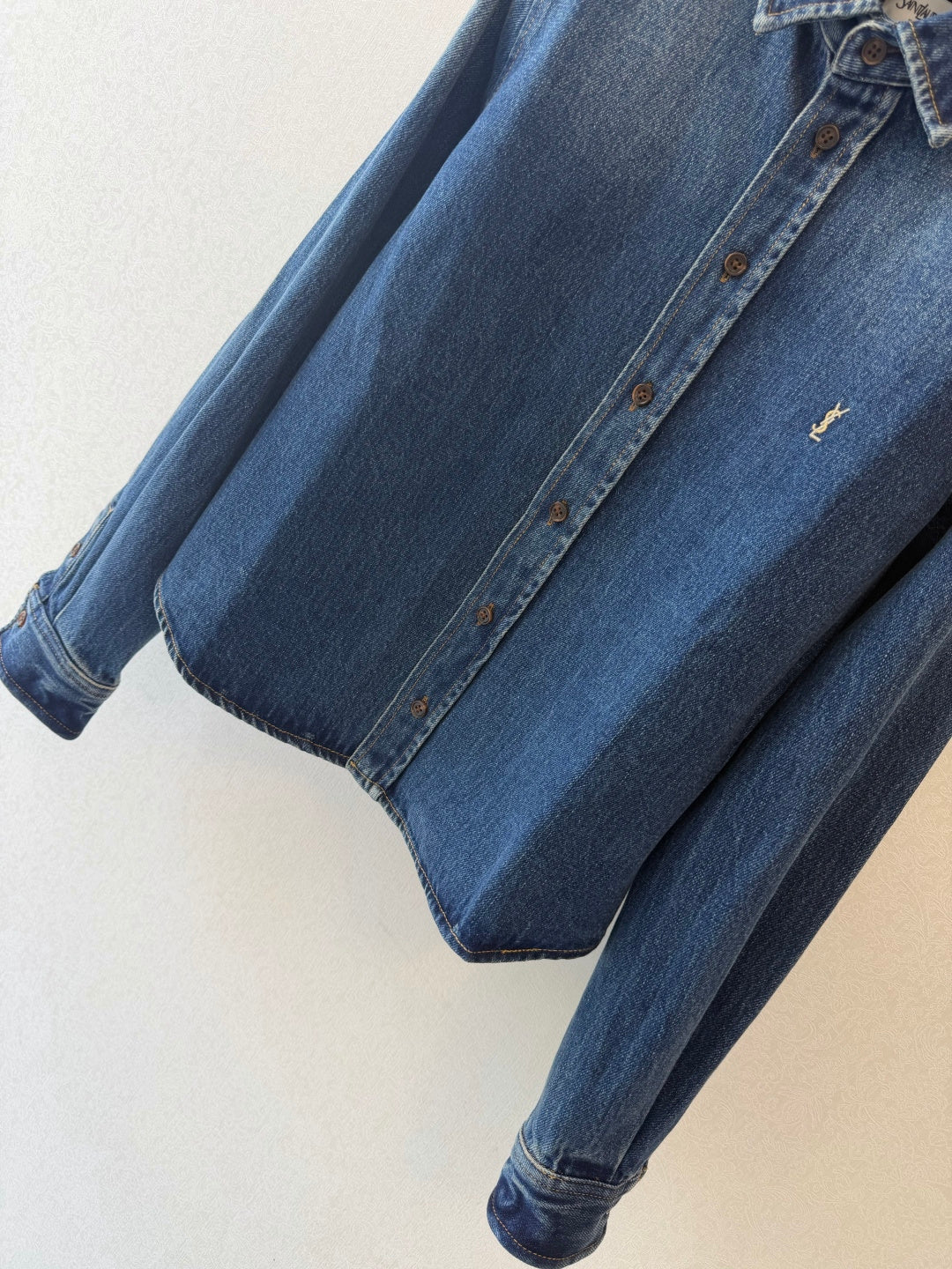 YSL 26FW Cassandre Denim Shirt Blue Denim Cotton 440371