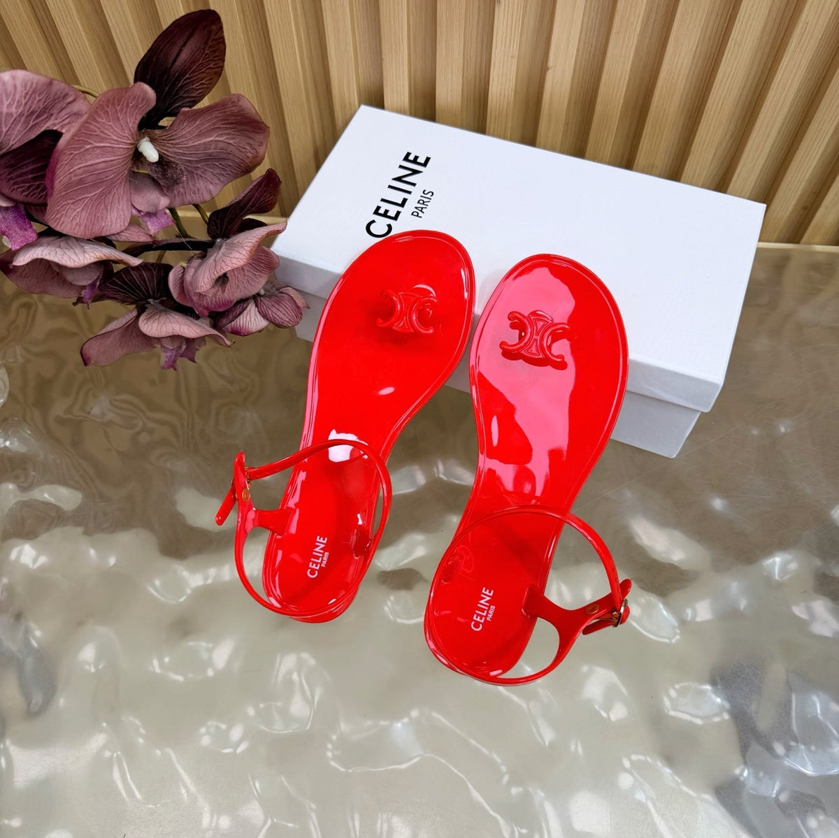 Celine 26s Triomphe Jelly Thong Sandals Bright Red TPU Gold Hardware 742519
