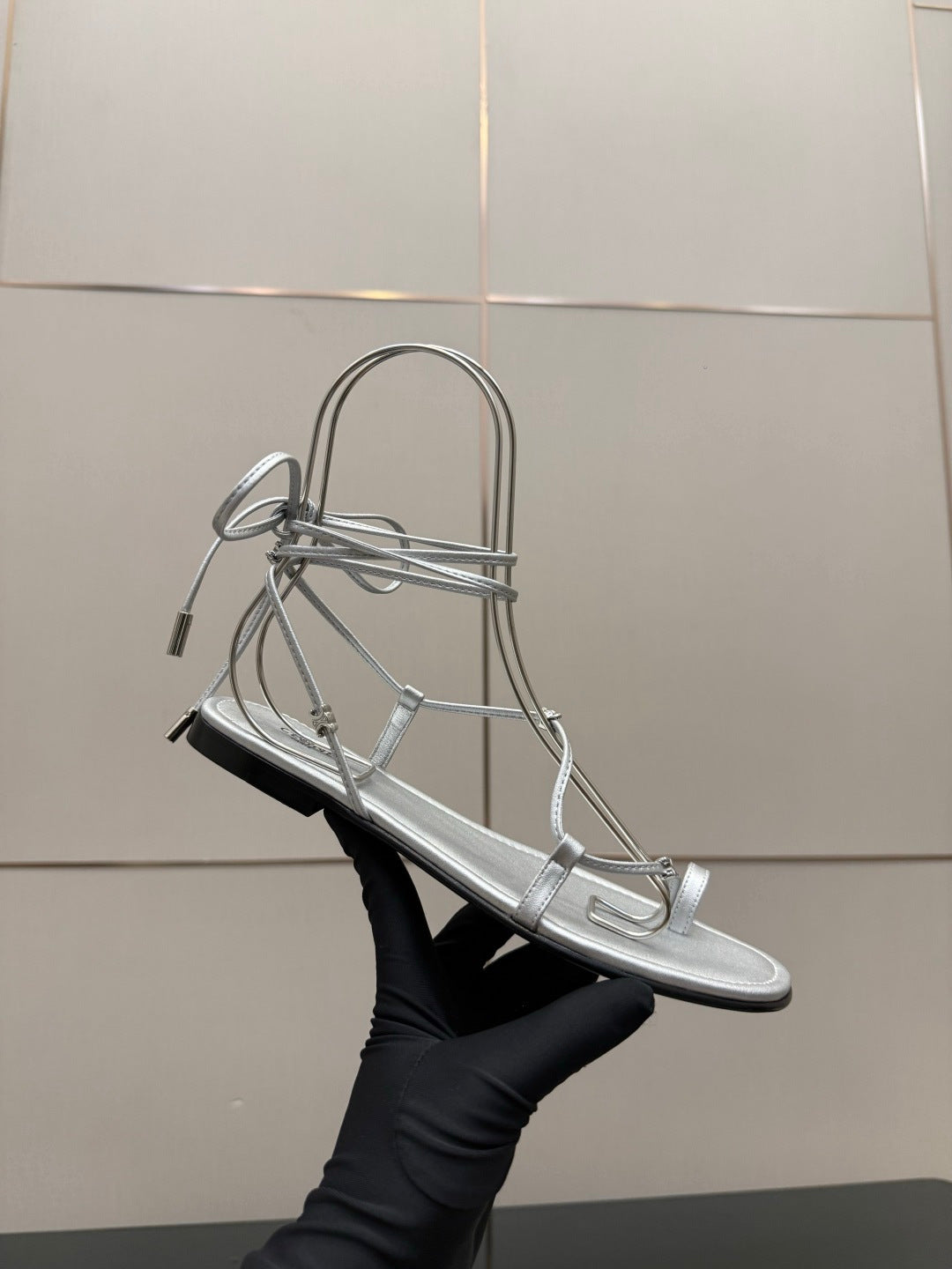 Celine 26s Triomphe Lace Up Flat Sandals Silver Calfskin 417392