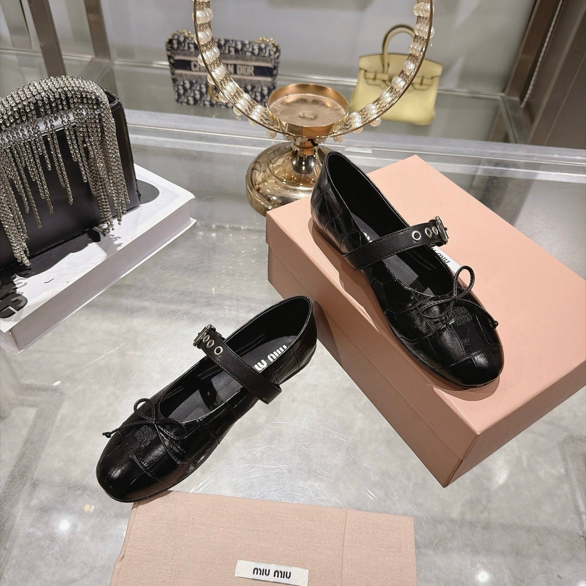 Miumiu 26S Mary Jane Flats Black Croc-Embossed Leather