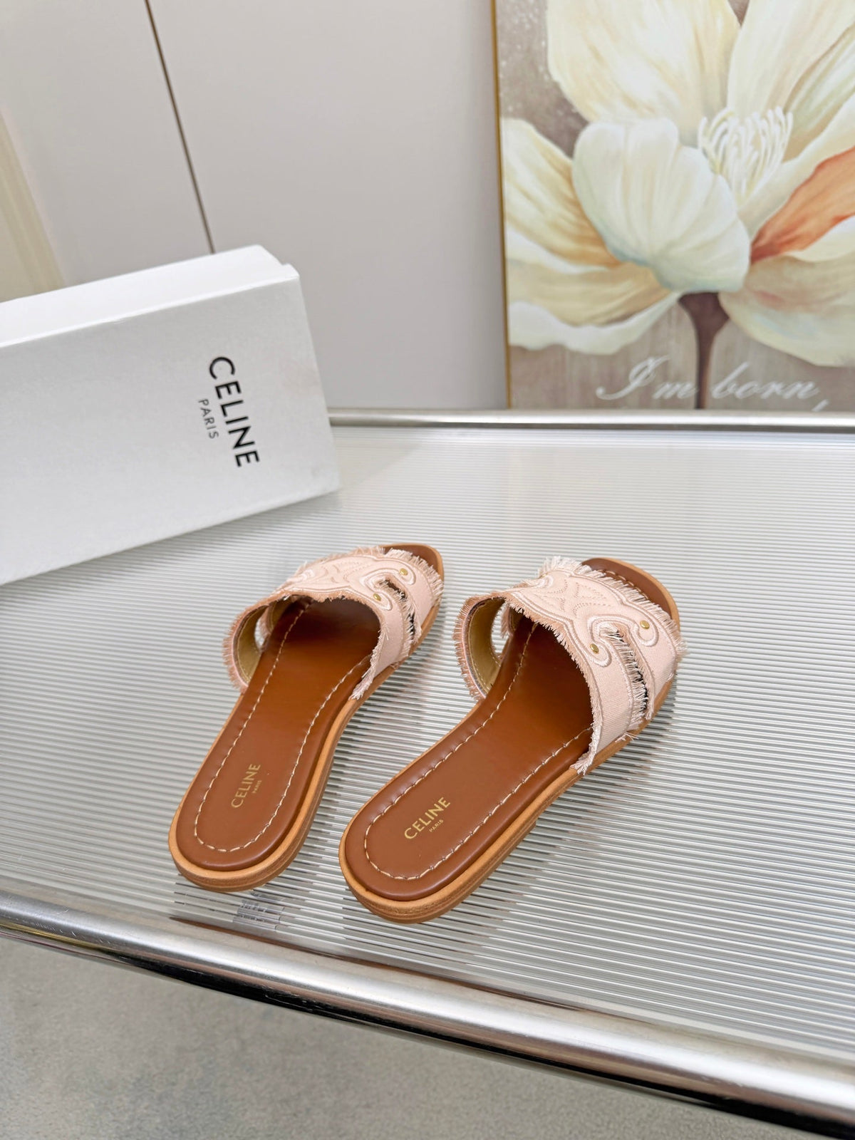 Celine 26s Triomphe Slide Sandals Blush Pink Canvas 831429