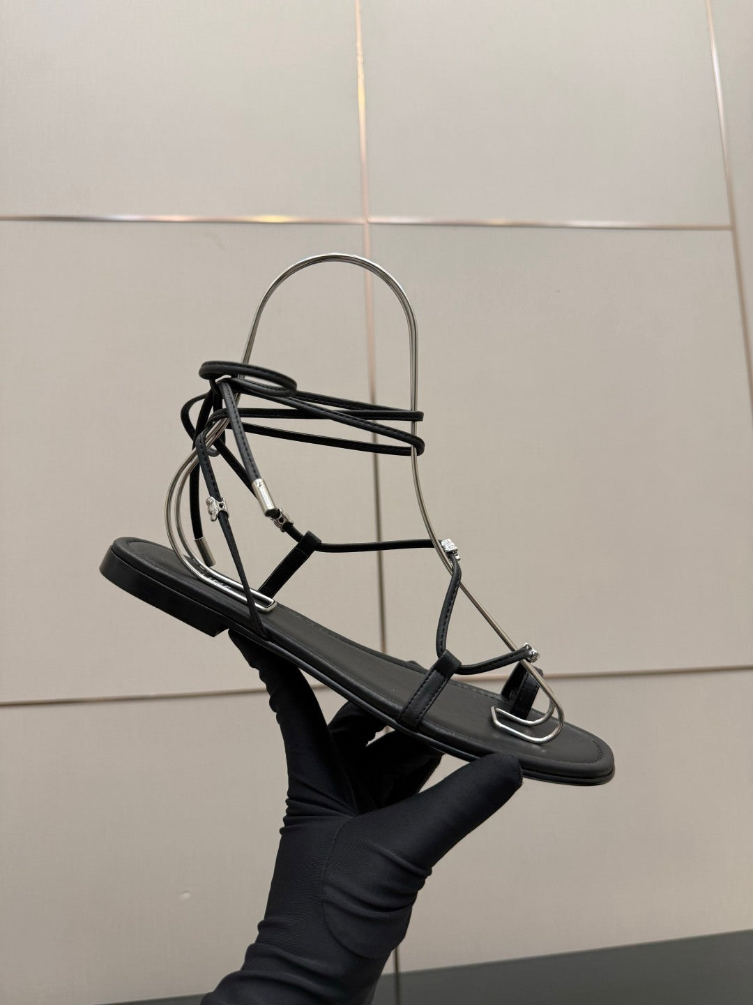 Celine 26s Triomphe Lace Up Flat Sandals Black Calfskin 852936