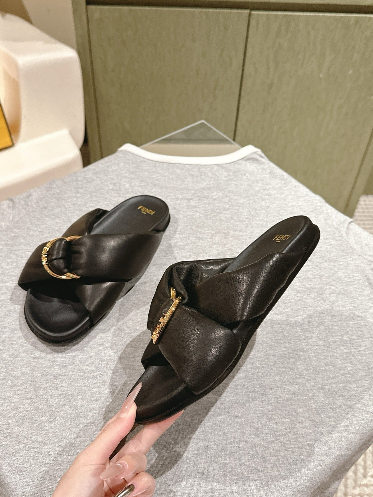 Fendi 26S Wide Cross-Strap Sandals Black Lambskin