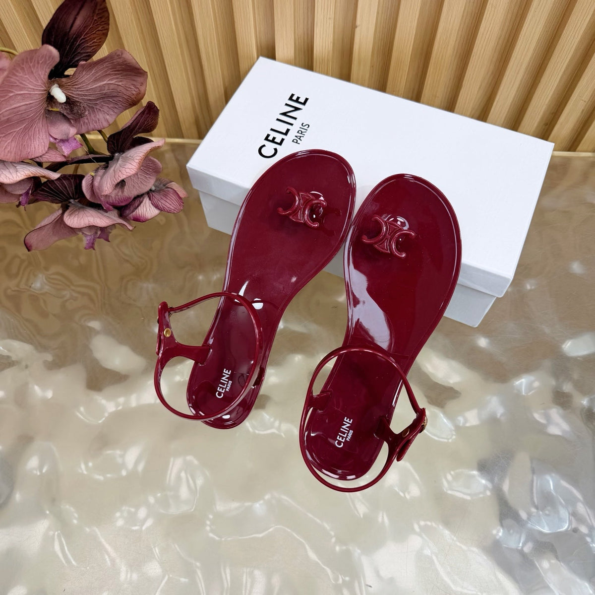 Celine 26s Triomphe Jelly Thong Sandals Burgundy Red TPU Gold Hardware 835219