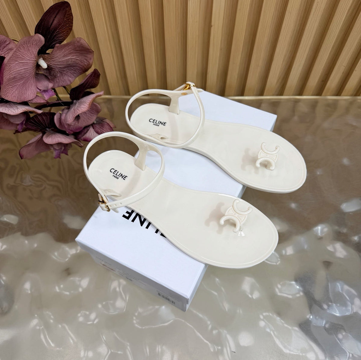 Celine 26s Triomphe Jelly Thong Sandals White TPU Gold Hardware 681427