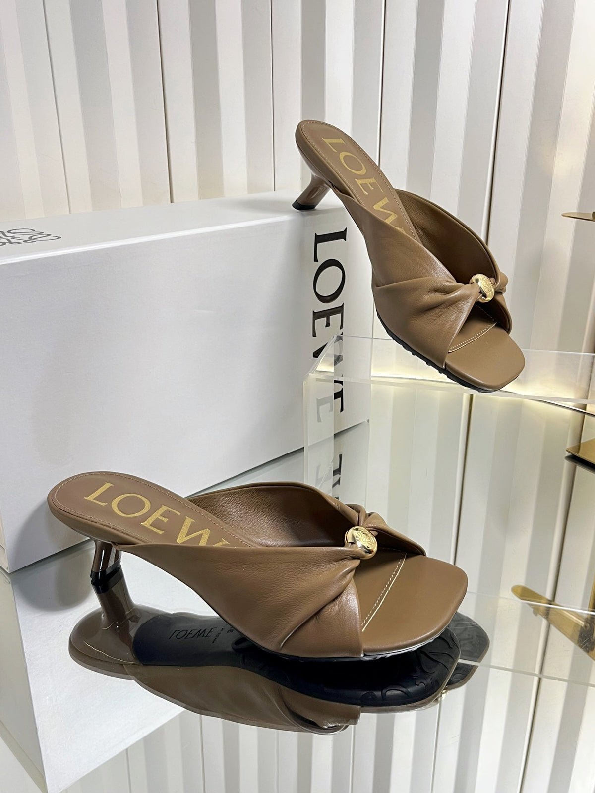 Loewe 26S Heeled Sandals 45 mm In Camel Brown Calfskin