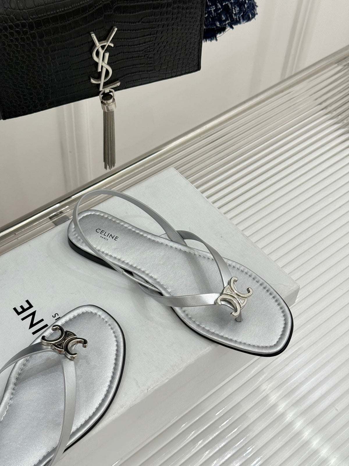 Celine 26s Thong Sandals Silver Calfskin 416283