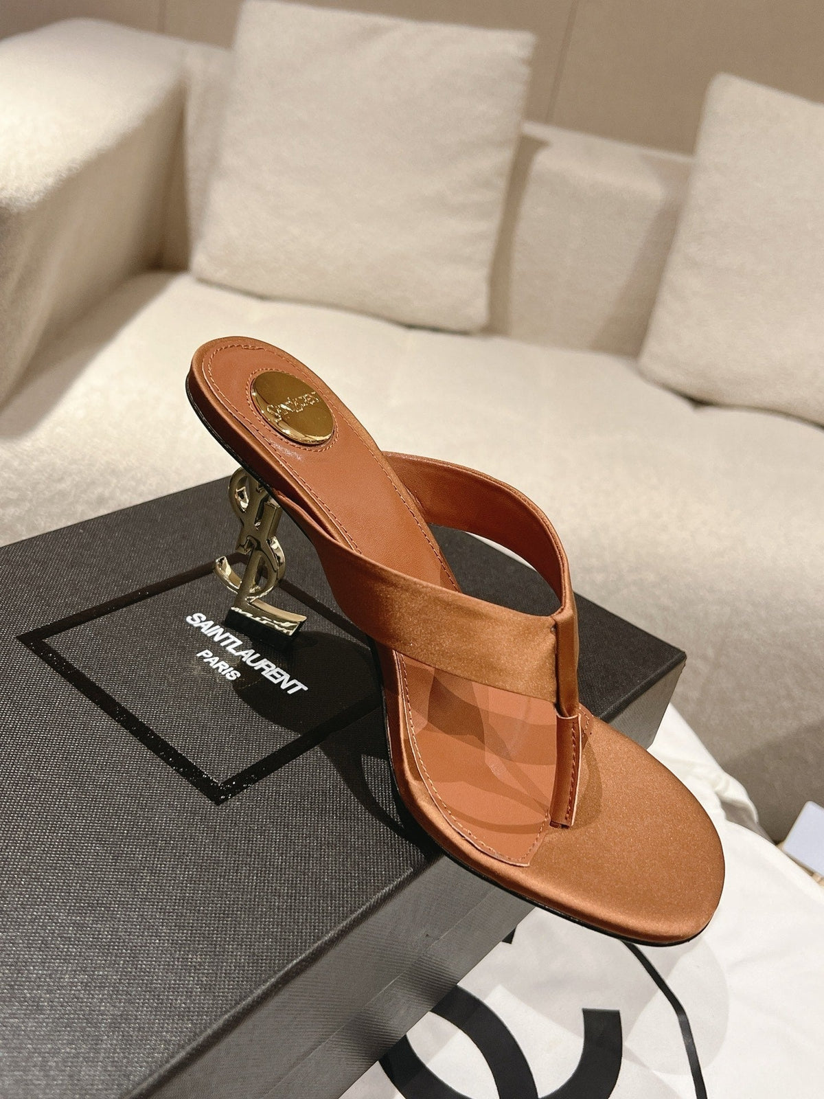 YSL 26S Heeled Thong Sandals 8.5cm Tan Brown Satin
