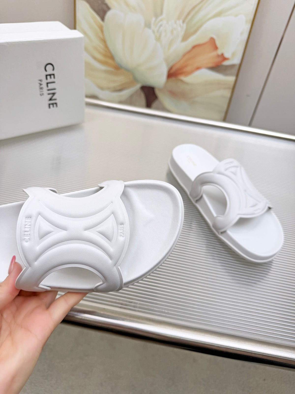 Celine 26s Triomphe Slides White Calfskin 843921